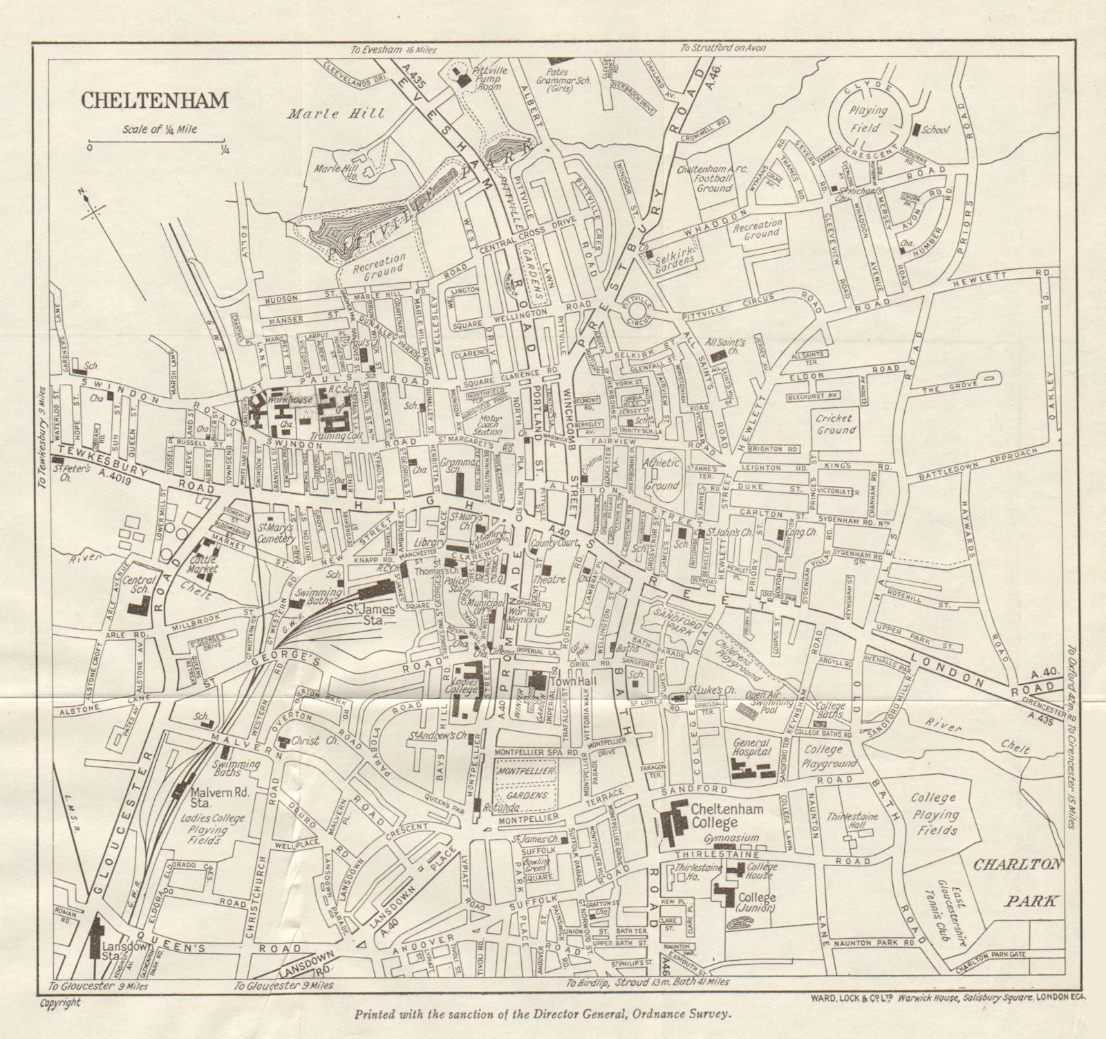 CHELTENHAM vintage town/city plan. Gloucestershire. WARD LOCK 1940 old map